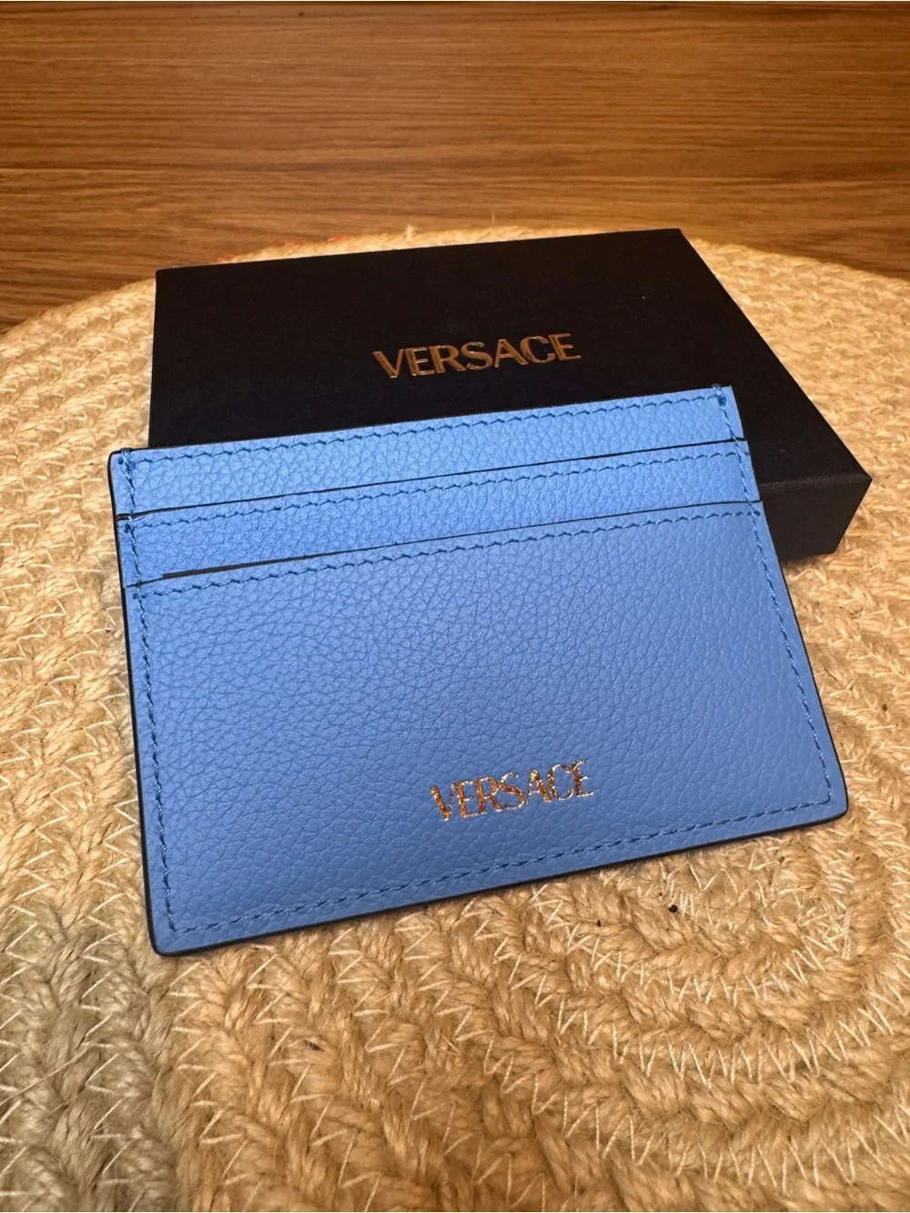 NEW Versace La Medusa Azure Blue Leather Card Holder Wallet With Box And Papers